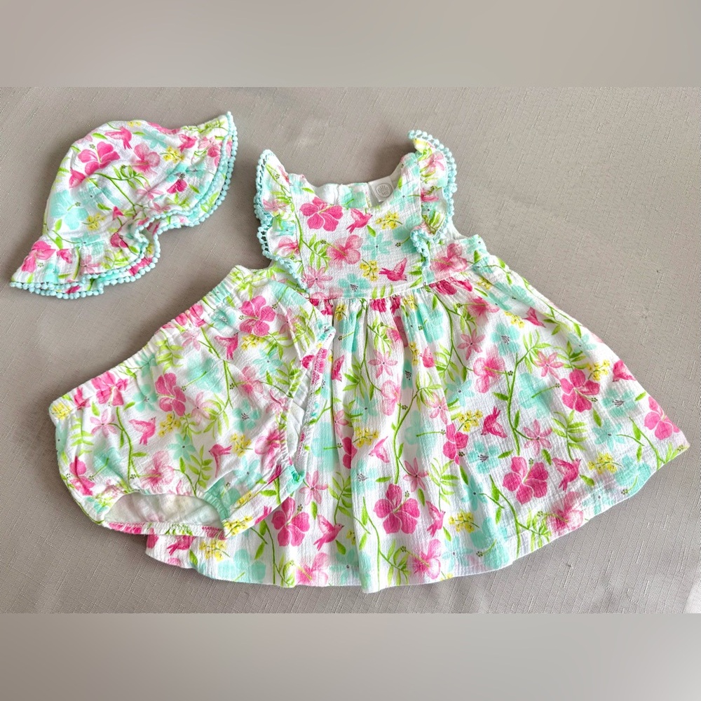 Little Me Floral Baby Dress with Matching Hat and Diaper Cover